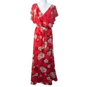 Adrianna Papell Red Floral V-Neck Long Wedding Guest Dress Estimated Size 16